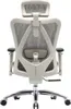 The back view of a white and gray ergonomic office chair with a headrest and adjustable armrests, shown on a white background. Produktbild-Vorschau