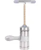 A stainless steel pasta maker with a handle and a T-shaped press. Produktbild-Vorschau