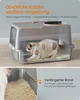 A cat is using a litter box with a lid. The image also shows a close-up of the litter box's interior and text highlighting its features. Produktbild-Vorschau