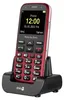A red Doro Primo 368 mobile phone is shown in its charging dock against a white background. Náhľad obrázku produktu