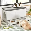 SoBuy Schuhbank Katzenmöbel FSR136-W: Katze frisst aus untergebrachten Schüsseln, gepolsterte Sitzfläche im Hintergrund Náhľad obrázku produktu