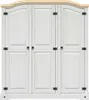 A white wardrobe with three doors and a wooden top. Voir les images du produit