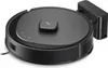 A black robot vacuum cleaner is shown on a white background, connected to its charging dock. Produktbild-Vorschau
