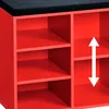 A close-up view of a red storage bench with multiple compartments and a black cushioned top. Produktbild-Vorschau