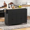 A black kitchen island with a wood-effect countertop is shown in a kitchen setting. Voir les images du produit