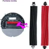 A collage showing a robot vacuum cleaner's underside with a brush and two replacement roller brushes, one black and one red. Produktbild-Vorschau
