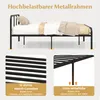 A product image showcasing a metal bed frame with text overlays highlighting its features. Voir les images du produit