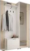 A white and wood-toned entryway cabinet with a mirror, a shelf, coat hooks, and a shoe storage compartment. Produktbild-Vorschau