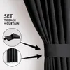 A black curtain is shown tied back with a tieback, with close-up insets of the tieback and the curtain. Produktbild-Vorschau