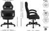 A diagram showing the dimensions of a gaming chair, with side and front views, and feature callouts. Produktbild-Vorschau