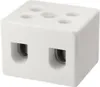 A white ceramic terminal block with two screw terminals visible on the front and five circular indentations on the top. Produktbild-Vorschau