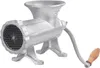A silver manual meat grinder with a wooden handle, shown from a side angle against a white background. Anteprima dell’immagine prodotto