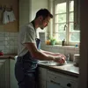 A man is washing dishes in a kitchen sink. Produktbild-Vorschau