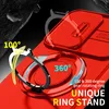 A close-up marketing image of a red phone case with a rotating ring stand feature. The image highlights the 100 and 360-degree rotation capabilities of the ring stand. Produktbild-Vorschau