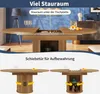 A split image showing a round dining table with storage and sliding doors, demonstrating its features and storage capacity. Anteprima dell’immagine prodotto