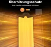 Promotional image showing an abstract representation of heat or energy flow, with a central yellow object that appears to be a heating element or similar device. Text overlays provide information about overheating protection. Produktbild-Vorschau