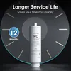 A water filter is shown in front of a clock face graphic, with text highlighting its long service life. Voir les images du produit