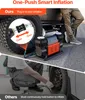 A collage showing a portable air compressor being used to inflate a tire, with a close-up of the connection and text highlighting features. Podgląd zdjęcia produktu