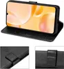 A black leather flip case for a smartphone, shown from the front with the screen displaying an abstract image. Below the main image are two close-up shots of the case's details: one showing embossed floral patterns and a clasp, and the other showing the cl Produktbild-Vorschau