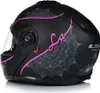 A black motorcycle helmet with pink and gray mandala-like designs. Náhled obrázku produktu