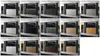 A collage of different color and finish options for a modern dresser with a TV mounted above it. Produktbild-Vorschau