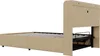 A side view of a light wood bed frame with a slatted mattress base and a headboard with integrated storage and a circular cutout. Voir les images du produit