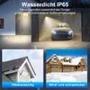 Collage showing a solar lamp installed on a house exterior, a car in a garage illuminated by the lamp, and a house covered in snow. Produktbild-Vorschau