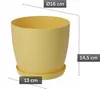 A yellow plant pot with a saucer, with dimensions indicated by lines and text. Náhled obrázku produktu