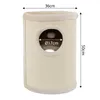 A beige cylindrical cat scratching tower with a circular entrance and dimensions indicated by measurement lines and text. Produktbild-Vorschau