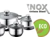 A set of stainless steel pots and pans with glass lids, along with marketing text and an eco-friendly badge. Anteprima dell’immagine prodotto