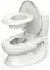 A white toddler toilet training seat placed on top of a standard toilet. Produktbild-Vorschau