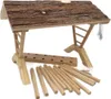 A wooden hay feeder with a natural bark roof and loose wooden dowels. Produktbild-Vorschau