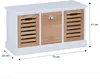A white and natural wood storage bench with three compartments, two with slatted doors and one with a drawer, shown with dimensions indicated. Produktbild-Vorschau