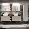 A modern bathroom with a double vanity, large mirrors, and a tall cabinet, decorated with a tropical-themed wallpaper. Produktbild-Vorschau