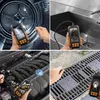 A collage of four images showing an endoscope camera being used in different scenarios: inside a washing machine drum, in a sink drain, within a car engine, and inspecting a storm drain. Produktbild-Vorschau