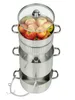 A multi-tiered stainless steel juicer filled with apples, with a glass lid. Produktbild-Vorschau