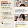 An instructional image showing how to use hair thickening fibers, with text and images demonstrating application. Anteprima dell’immagine prodotto