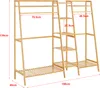A wooden garment rack with shelves and hanging rails, shown with dimensions indicated by red lines and text. Anteprima dell’immagine prodotto
