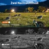 A split image showing two night vision modes of a wildlife camera, with raccoons in a field at night. Produktbild-Vorschau