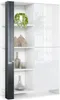 A modern white highboard with black accents and glass doors, displaying decorative items. Produktbild-Vorschau