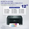 A printer is shown with a document printing out, alongside a list of compatible printer models and marketing text. Produktbild-Vorschau