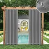 Outdoor curtains hanging on a wooden pergola, framing a swimming pool and a gazebo. Produktbild-Vorschau
