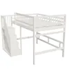 A white wooden loft bed with stairs and storage. Produktbild-Vorschau