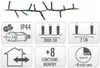 A product image showing a string of LED lights and various icons detailing product features and specifications. Produktbild-Vorschau