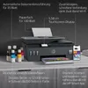 A printer with ink bottles and a smartphone displaying the HP Smart App. Podgląd zdjęcia produktu
