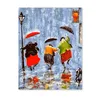 Three women with umbrellas dancing in the rain on a street, with a dog. Produktbild-Vorschau