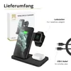 A product image showing a wireless charging station with a phone, smartwatch, and earbuds, along with its packaging and accessories. Produktbild-Vorschau