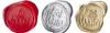 Three wax seals in different colors, each with a message embossed on it. Voir les images du produit