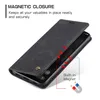 A dark gray flip phone case is shown open, revealing a smartphone screen. Text overlays describe the magnetic closure feature. Produktbild-Vorschau