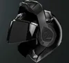A black motorcycle helmet with the visor up, shown against a dark gray background. Voir les images du produit